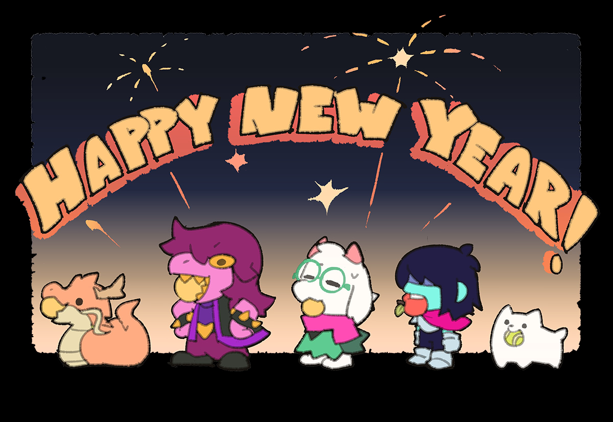 Illustration du Nouvel An par Temmie, contenant Susie, Ralsei, Kris et un chien, suivant un dragon