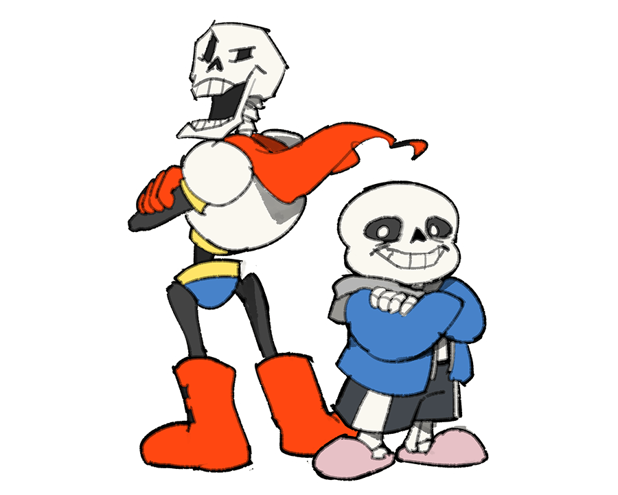 Illustration par Temmie de Sans et Papyrus faisant la fameuse pose de Mario et Luigi