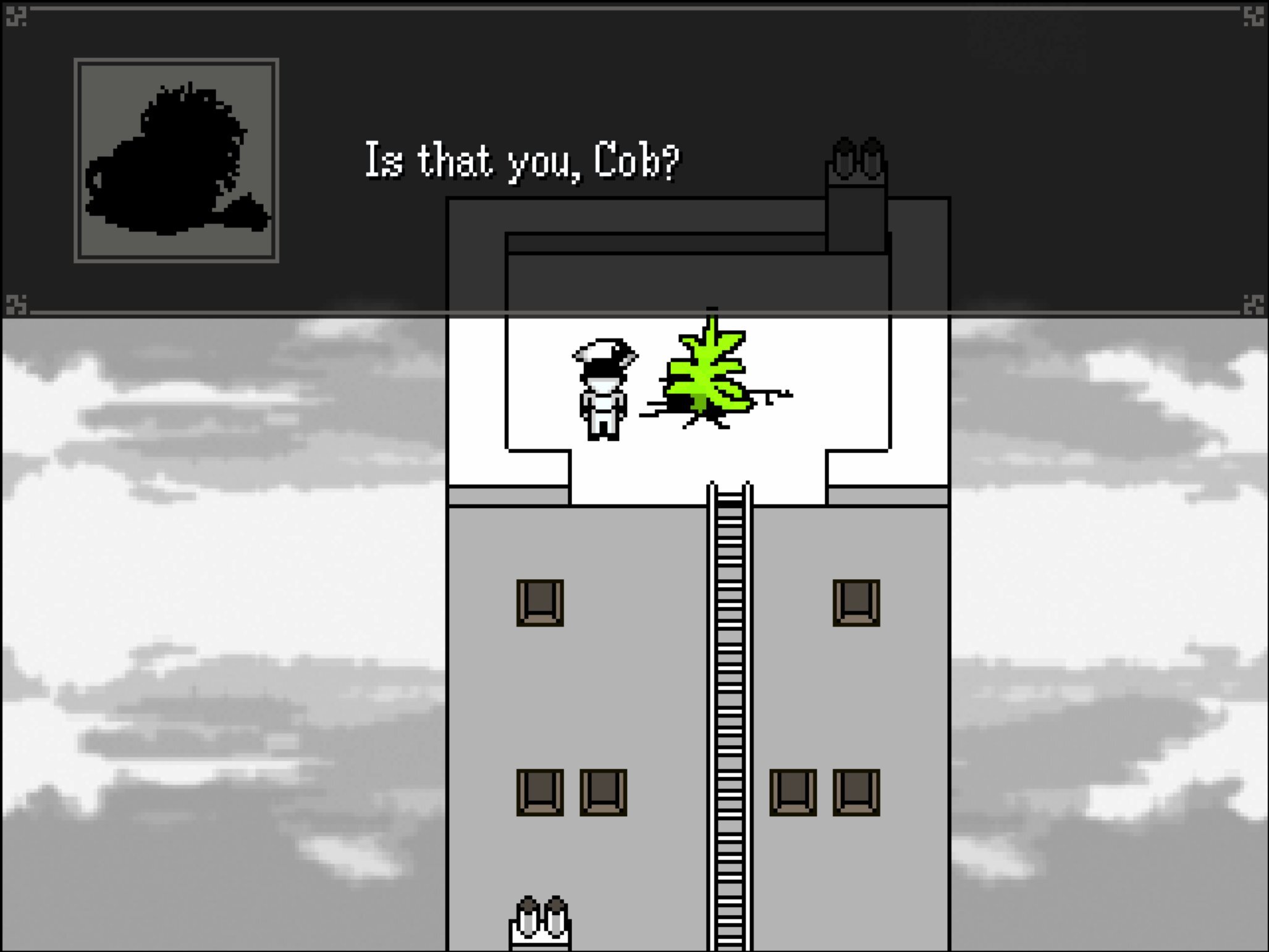 Capture d'écran montrant une silhouette disant : « Is that you, Cob? » (Traduit en français, « Est-ce toi, Cob ? » Mais le jeu pourrait avoir une traduction différente.)