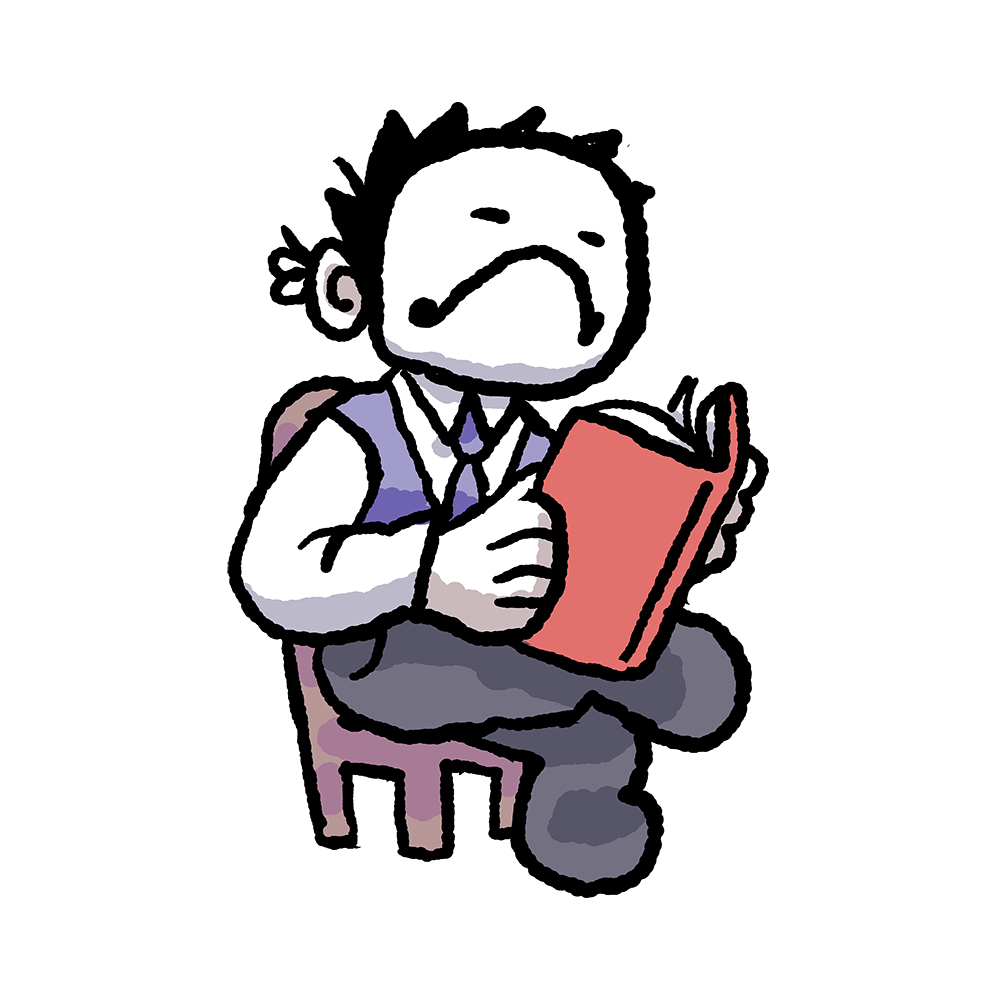 Zacharie à l'allure professionnelle se préparant à enseigner aux nouveaux joueurs l'achat d'objets (et divers autres fonctionnalités moins importantes du jeu)